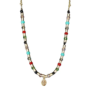 Collar mostacilla satinada y cristales con colgante virgen de los rayos enchape en oro