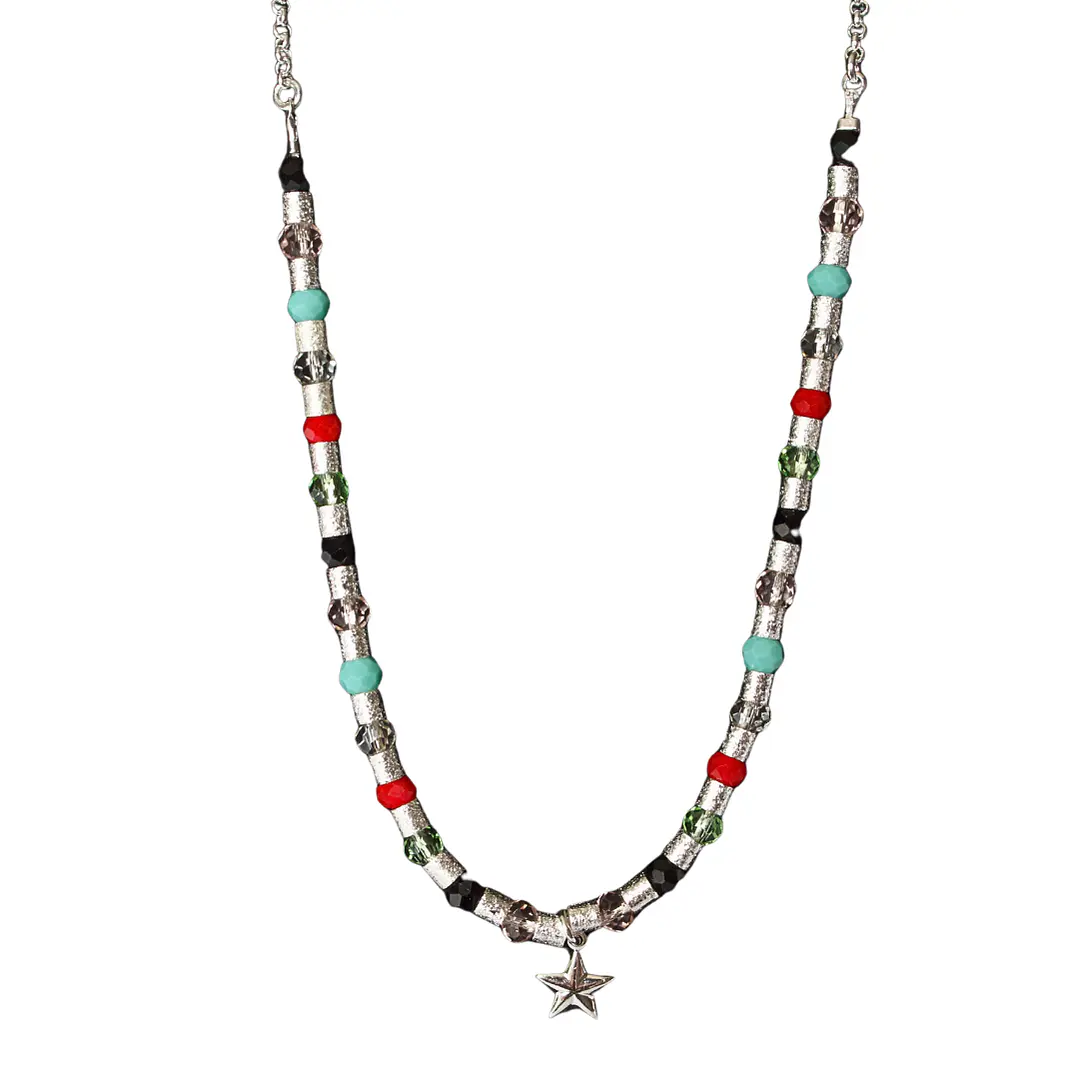 Collar mostacilla satinada y cristales con colgante estrella enchape en plata 1