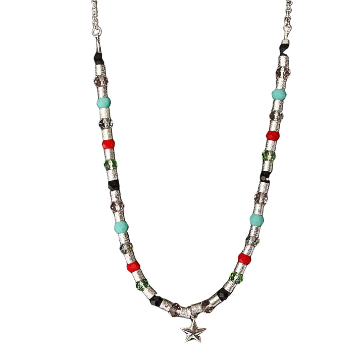 Collar mostacilla satinada y cristales con colgante estrella enchape en plata 1