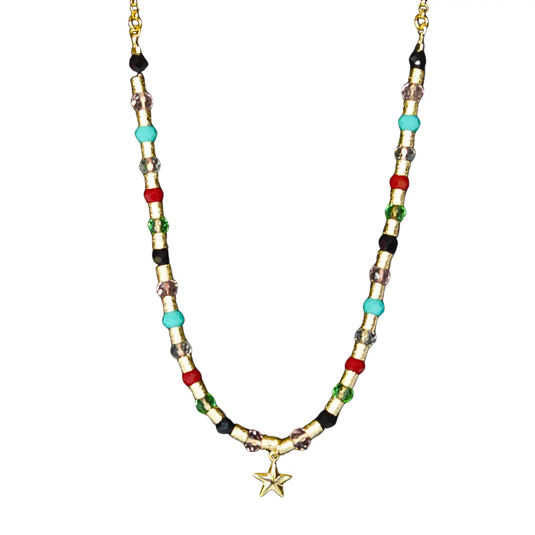 Collar mostacilla satinada y cristales con colgante estrella enchape en oro 1
