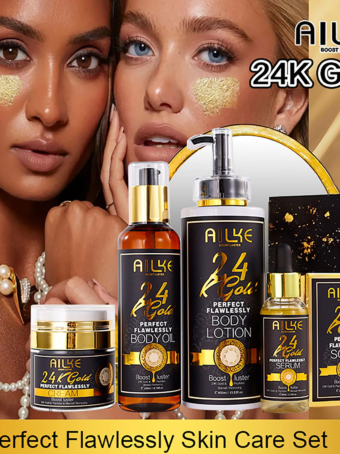 AILKE 24K Glod Flawlessly Skin Care Set, Whitening, Reduce Dark Spots, Pigmentation, Wrinkles, Moisturize, For All Skin Types 1