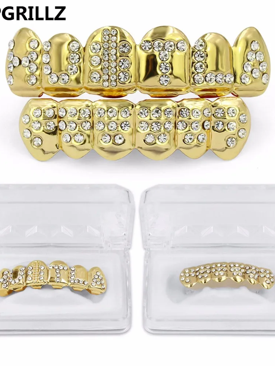 GRILLZ Gold Color Plated Iced Out Letter CZ Stone Hip Hop Teeth For Mouth GRILLZ Caps Top & Bottom Grills Set Classic tooth 1