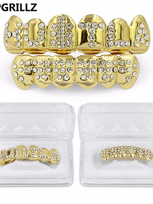 GRILLZ Gold Color Plated Iced Out Letter CZ Stone Hip Hop Teeth For Mouth GRILLZ Caps Top & Bottom Grills Set Classic tooth