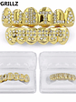 GRILLZ Gold Color Plated Iced Out Letter CZ Stone Hip Hop Teeth For Mouth GRILLZ Caps Top & Bottom Grills Set Classic tooth - thumbnail 1