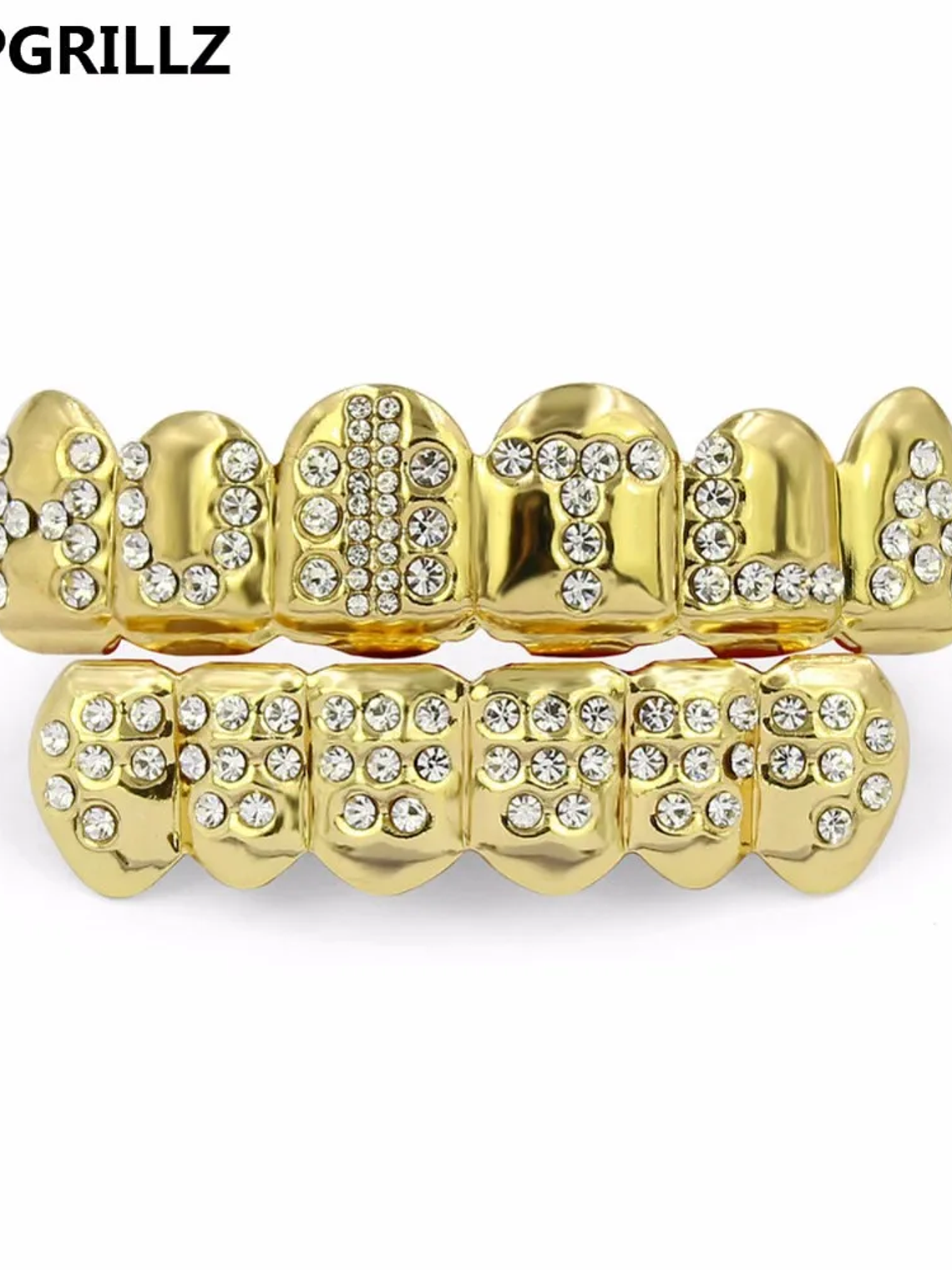 GRILLZ Gold Color Plated Iced Out Letter CZ Stone Hip Hop Teeth For Mouth GRILLZ Caps Top & Bottom Grills Set Classic tooth 2