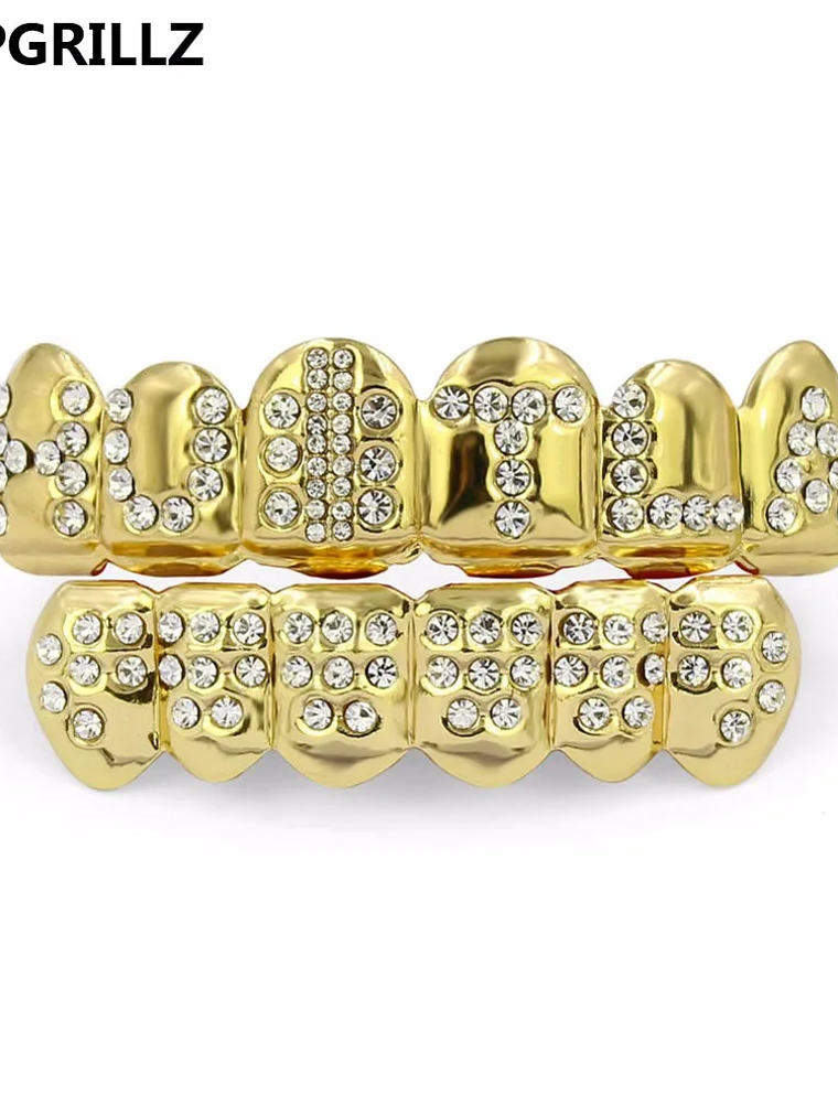 GRILLZ Gold Color Plated Iced Out Letter CZ Stone Hip Hop Teeth For Mouth GRILLZ Caps Top & Bottom Grills Set Classic tooth 2
