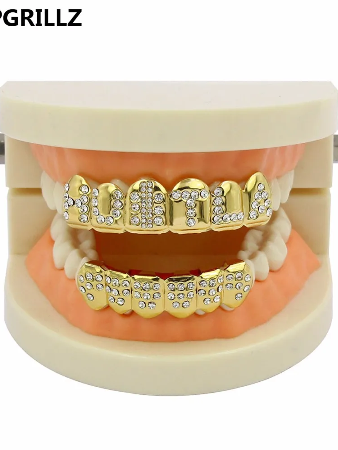 GRILLZ Gold Color Plated Iced Out Letter CZ Stone Hip Hop Teeth For Mouth GRILLZ Caps Top & Bottom Grills Set Classic tooth 3