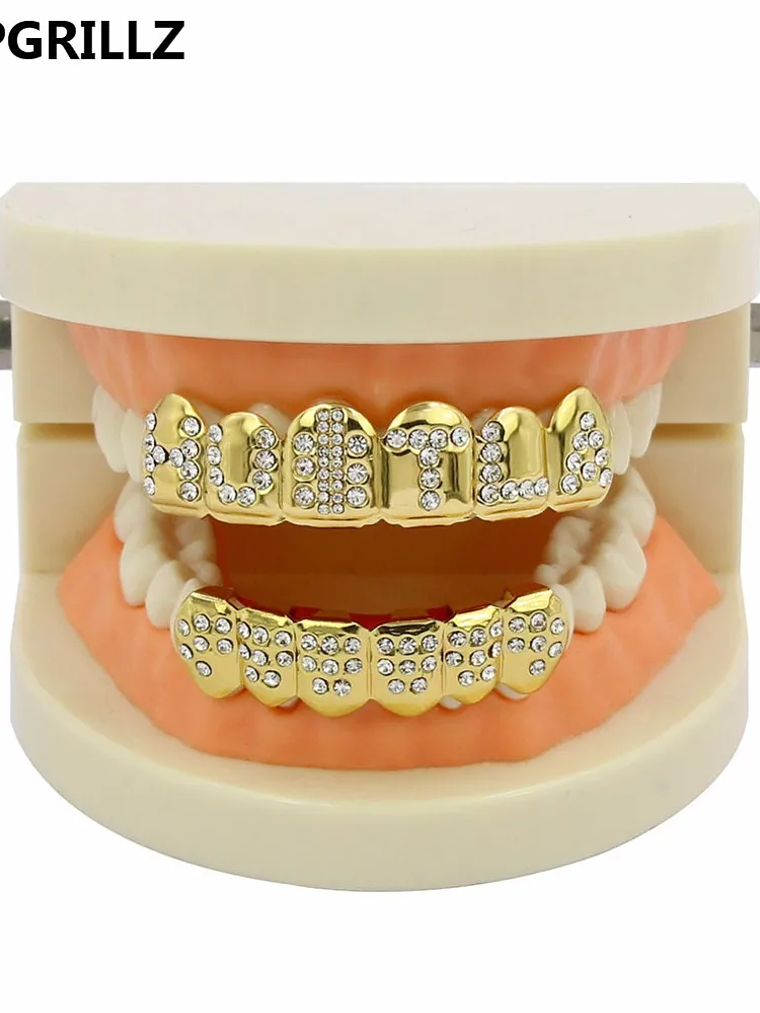 GRILLZ Gold Color Plated Iced Out Letter CZ Stone Hip Hop Teeth For Mouth GRILLZ Caps Top & Bottom Grills Set Classic tooth 3