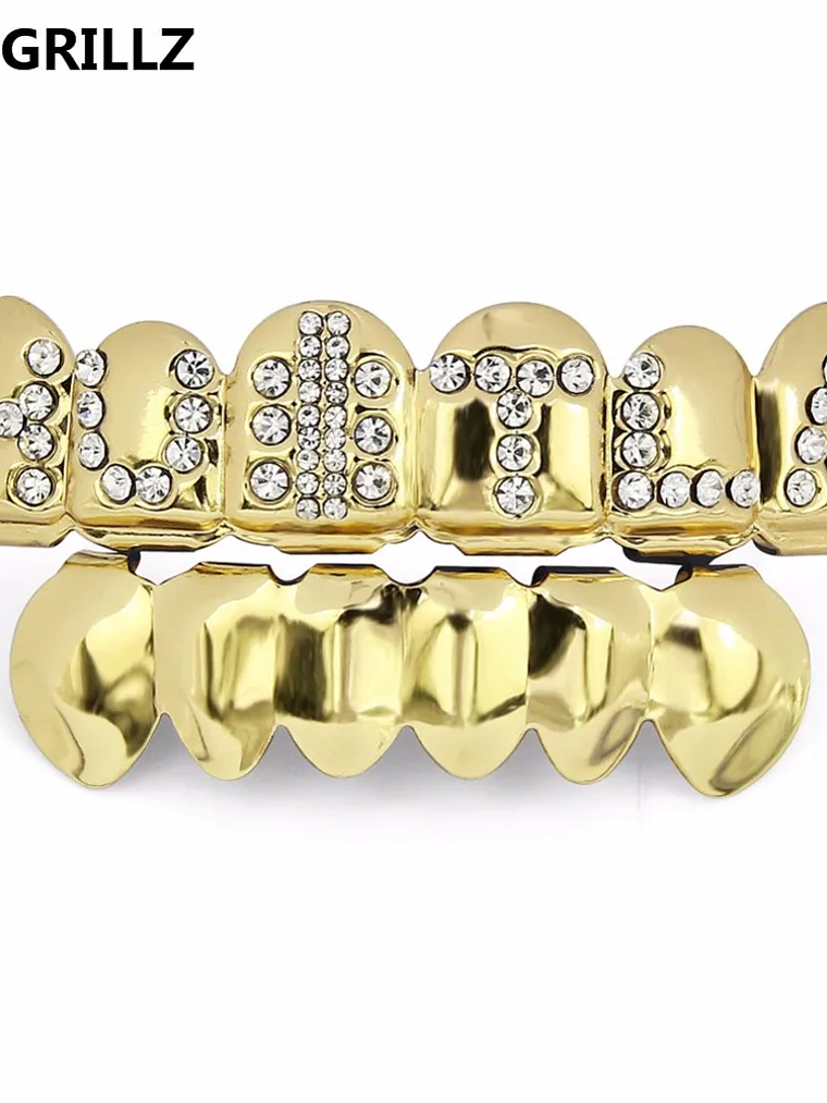 GRILLZ Gold Color Plated Iced Out Letter CZ Stone Hip Hop Teeth For Mouth GRILLZ Caps Top & Bottom Grills Set Classic tooth 4
