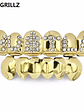 GRILLZ Gold Color Plated Iced Out Letter CZ Stone Hip Hop Teeth For Mouth GRILLZ Caps Top & Bottom Grills Set Classic tooth - thumbnail 4
