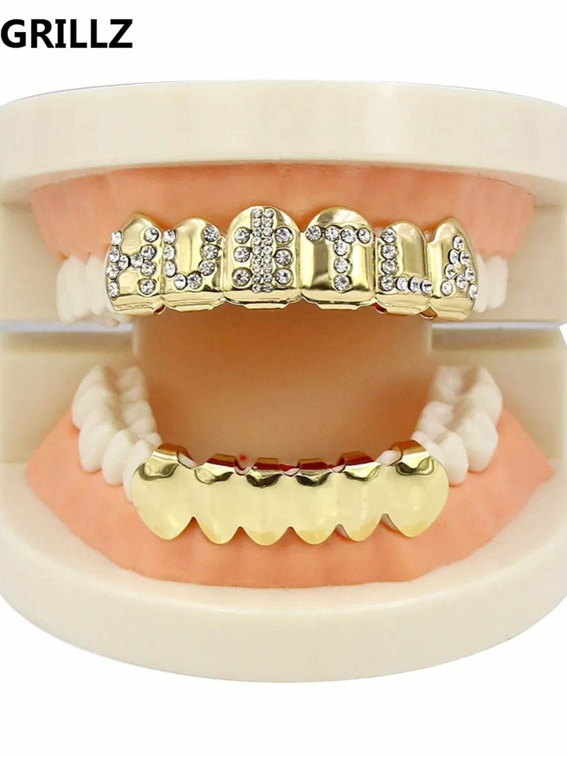 GRILLZ Gold Color Plated Iced Out Letter CZ Stone Hip Hop Teeth For Mouth GRILLZ Caps Top & Bottom Grills Set Classic tooth 5