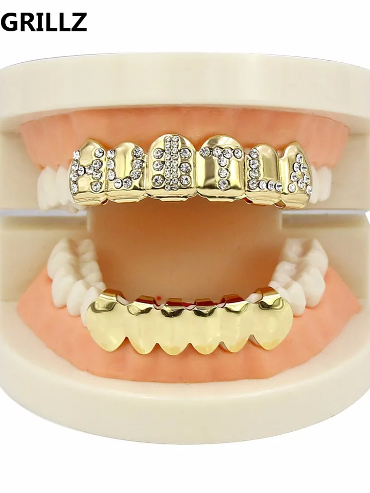 GRILLZ Gold Color Plated Iced Out Letter CZ Stone Hip Hop Teeth For Mouth GRILLZ Caps Top & Bottom Grills Set Classic tooth 5
