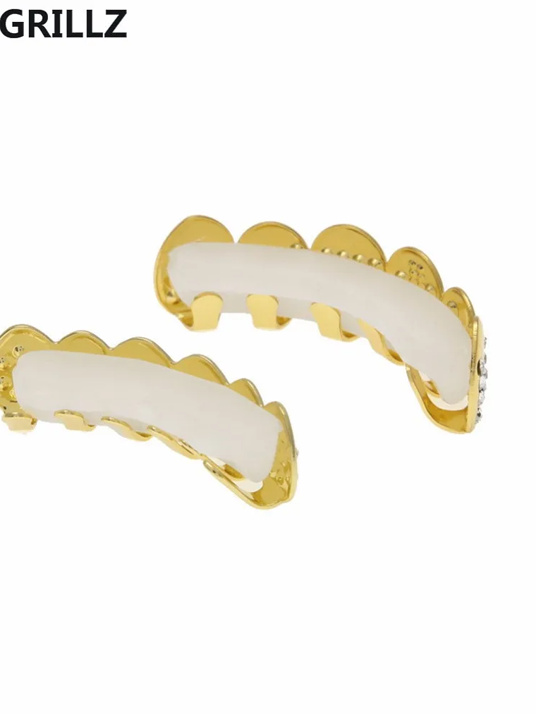 GRILLZ Gold Color Plated Iced Out Letter CZ Stone Hip Hop Teeth For Mouth GRILLZ Caps Top & Bottom Grills Set Classic tooth 6