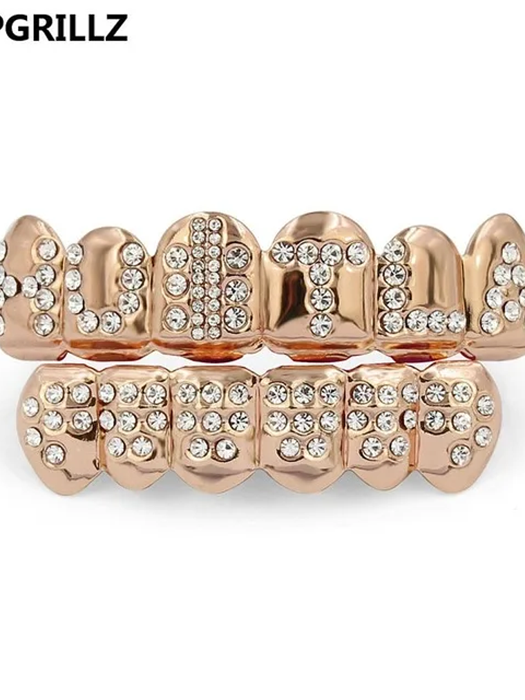 GRILLZ Gold Color Plated Iced Out Letter CZ Stone Hip Hop Teeth For Mouth GRILLZ Caps Top & Bottom Grills Set Classic tooth 7