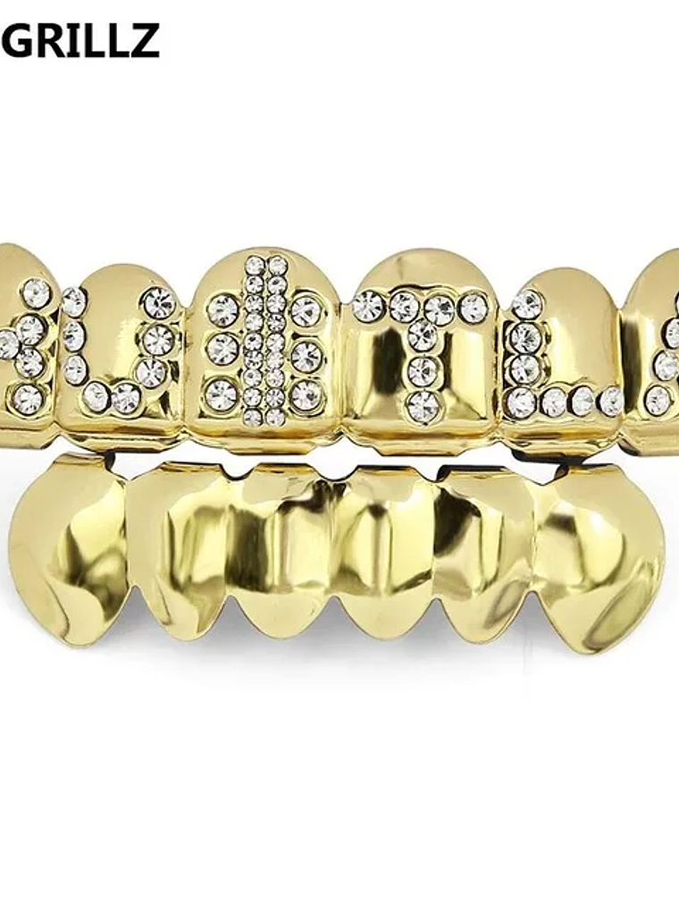 GRILLZ Gold Color Plated Iced Out Letter CZ Stone Hip Hop Teeth For Mouth GRILLZ Caps Top & Bottom Grills Set Classic tooth 12