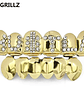 GRILLZ Gold Color Plated Iced Out Letter CZ Stone Hip Hop Teeth For Mouth GRILLZ Caps Top & Bottom Grills Set Classic tooth - thumbnail 12