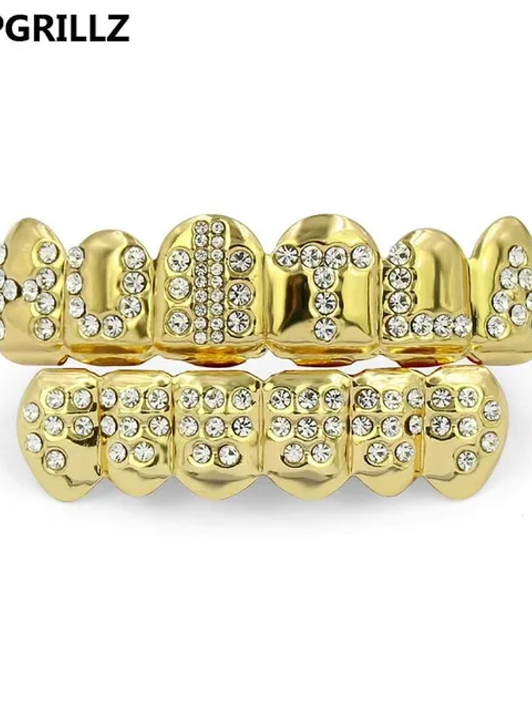 GRILLZ Gold Color Plated Iced Out Letter CZ Stone Hip Hop Teeth For Mouth GRILLZ Caps Top & Bottom Grills Set Classic tooth 13