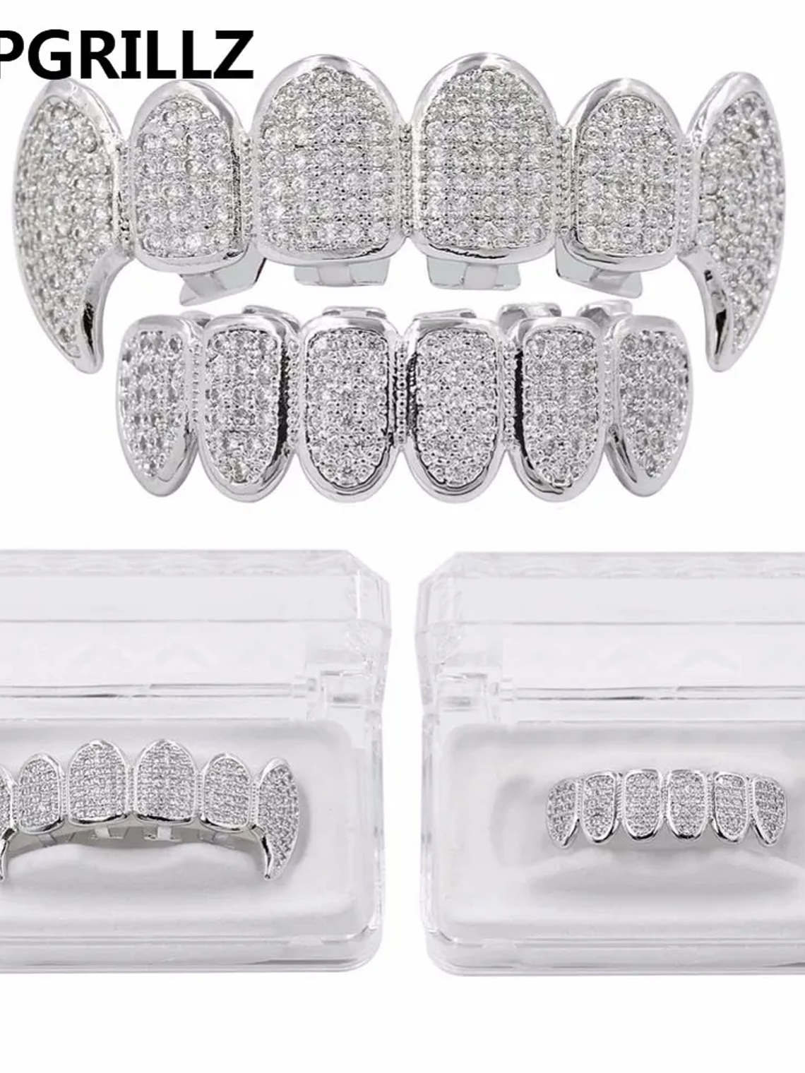 GRILLZ New Fit Silver Plated CZ Micro Pave Top & Bottom GRILL SET Rhodium Teeth Grills Vampire Tooth Grillz 1