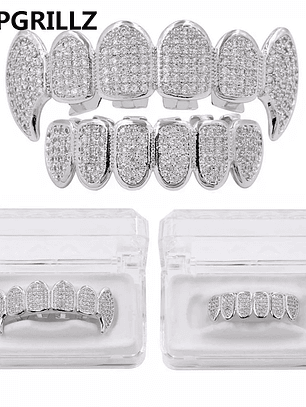GRILLZ New Fit Silver Plated CZ Micro Pave Top & Bottom GRILL SET Rhodium Teeth Grills Vampire Tooth Grillz