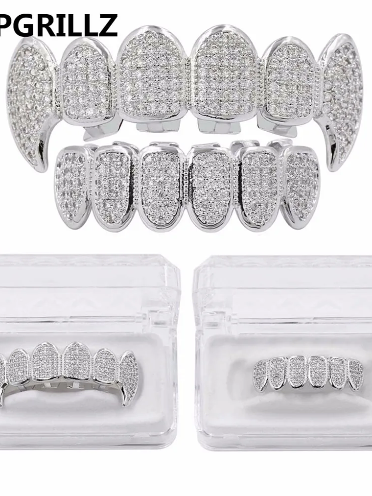 GRILLZ New Fit Silver Plated CZ Micro Pave Top & Bottom GRILL SET Rhodium Teeth Grills Vampire Tooth Grillz 1