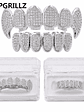 GRILLZ New Fit Silver Plated CZ Micro Pave Top & Bottom GRILL SET Rhodium Teeth Grills Vampire Tooth Grillz - thumbnail 1