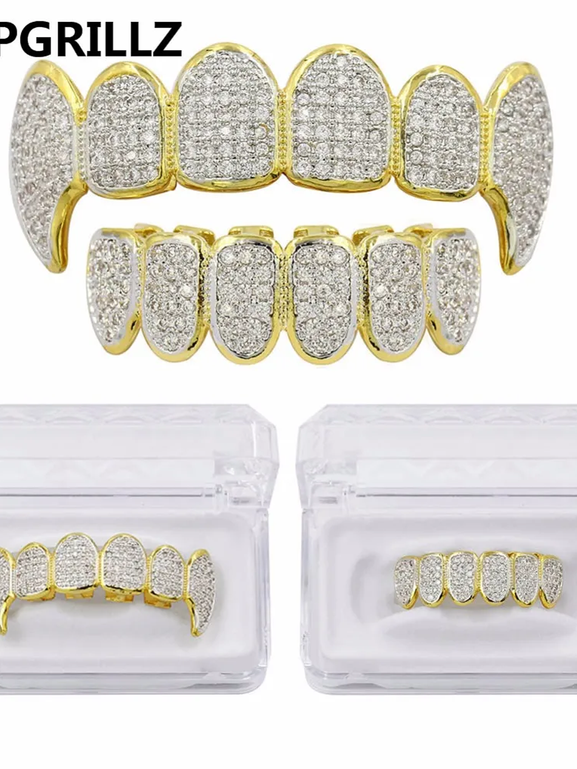 GRILLZ New Fit Silver Plated CZ Micro Pave Top & Bottom GRILL SET Rhodium Teeth Grills Vampire Tooth Grillz 2