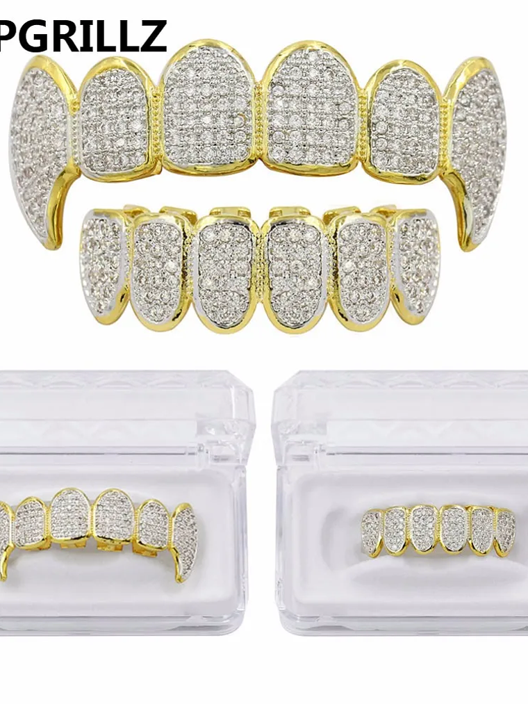 GRILLZ New Fit Silver Plated CZ Micro Pave Top & Bottom GRILL SET Rhodium Teeth Grills Vampire Tooth Grillz 2