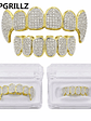 GRILLZ New Fit Silver Plated CZ Micro Pave Top & Bottom GRILL SET Rhodium Teeth Grills Vampire Tooth Grillz - thumbnail 2