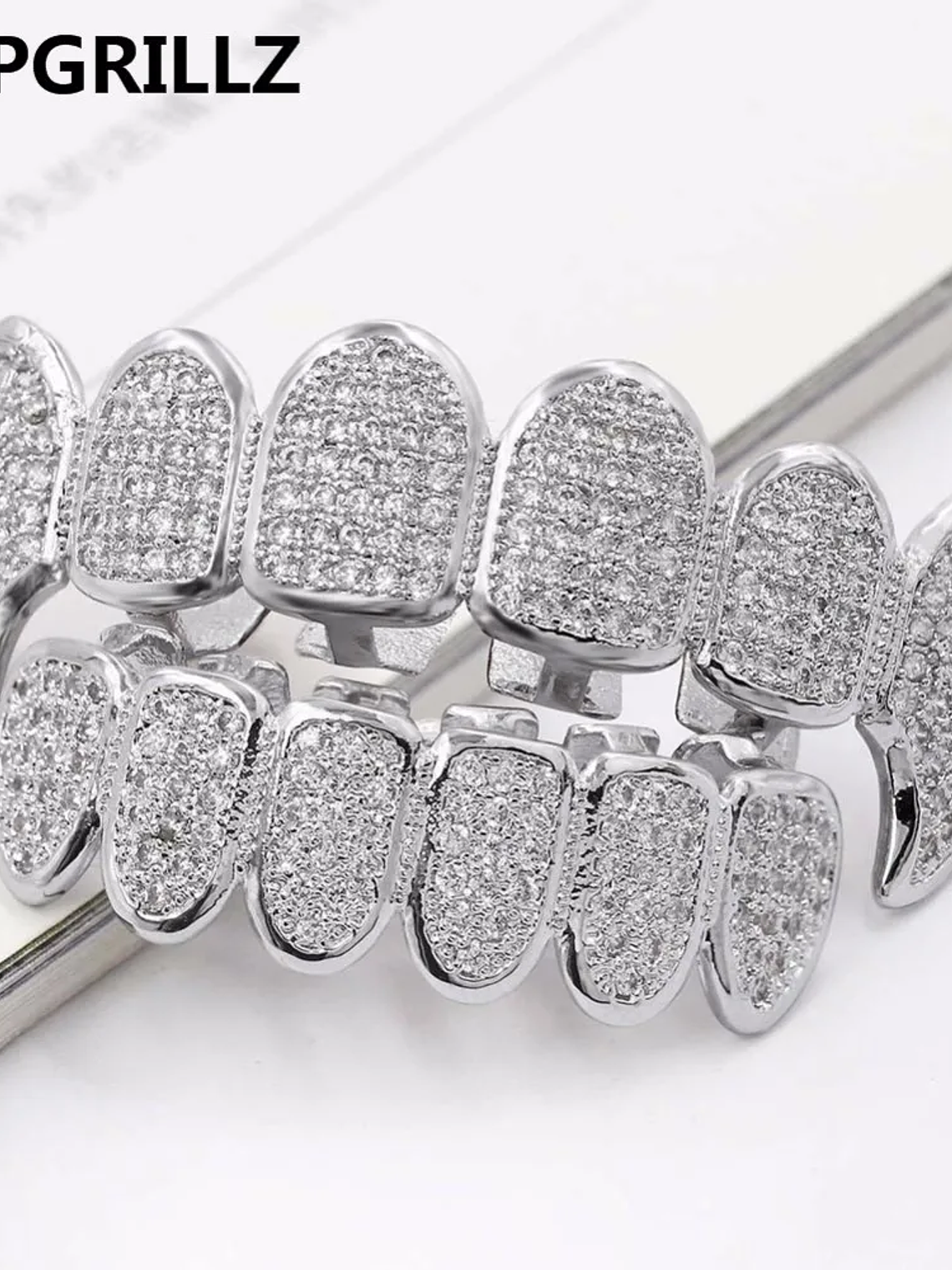 GRILLZ New Fit Silver Plated CZ Micro Pave Top & Bottom GRILL SET Rhodium Teeth Grills Vampire Tooth Grillz 3