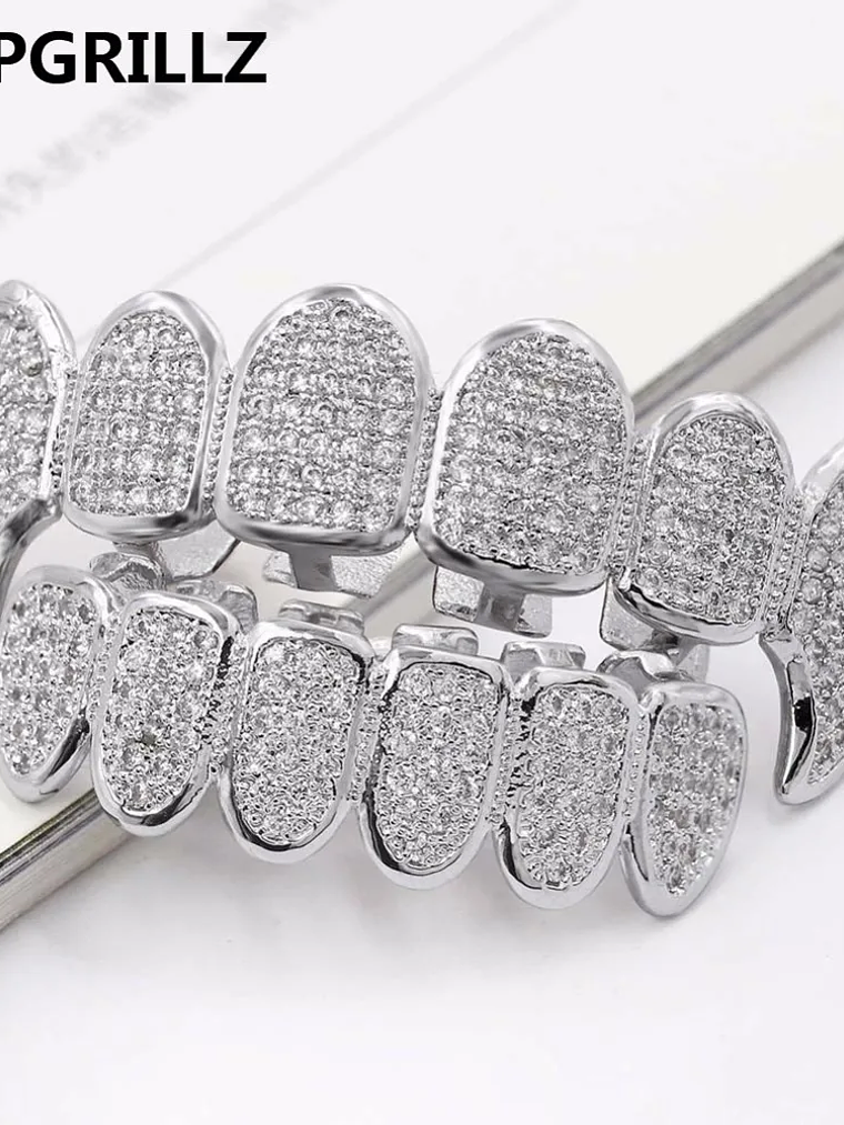 GRILLZ New Fit Silver Plated CZ Micro Pave Top & Bottom GRILL SET Rhodium Teeth Grills Vampire Tooth Grillz 3