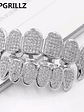 GRILLZ New Fit Silver Plated CZ Micro Pave Top & Bottom GRILL SET Rhodium Teeth Grills Vampire Tooth Grillz - thumbnail 3