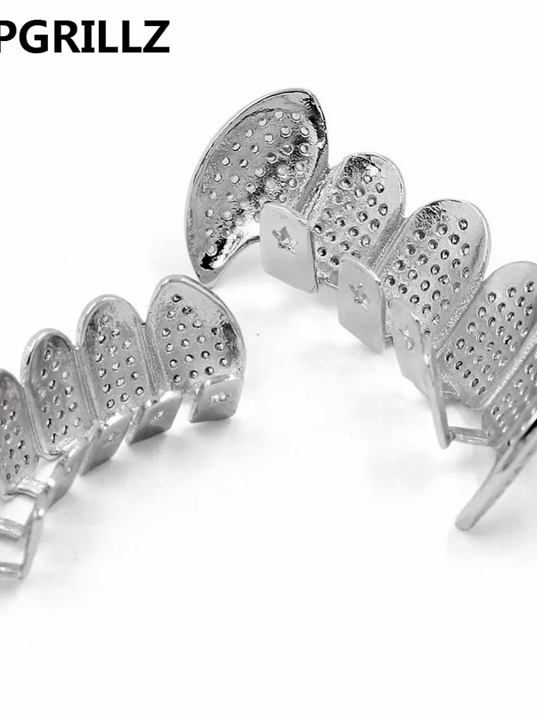 GRILLZ New Fit Silver Plated CZ Micro Pave Top & Bottom GRILL SET Rhodium Teeth Grills Vampire Tooth Grillz 4