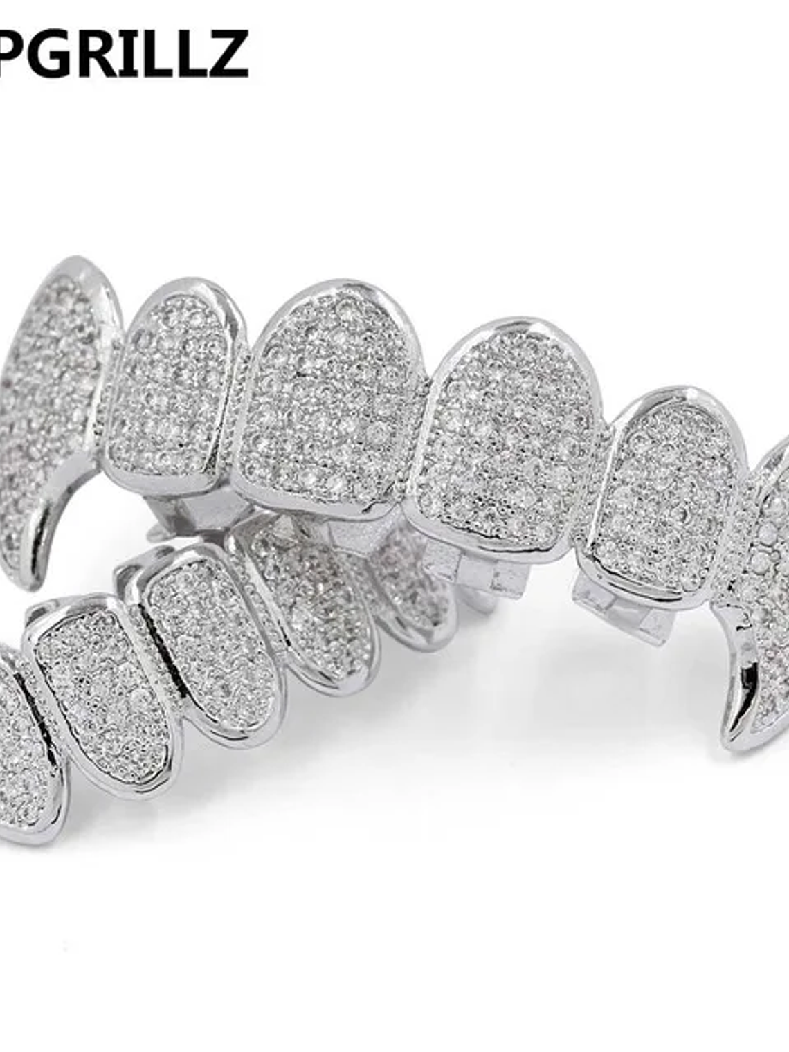 GRILLZ New Fit Silver Plated CZ Micro Pave Top & Bottom GRILL SET Rhodium Teeth Grills Vampire Tooth Grillz 7