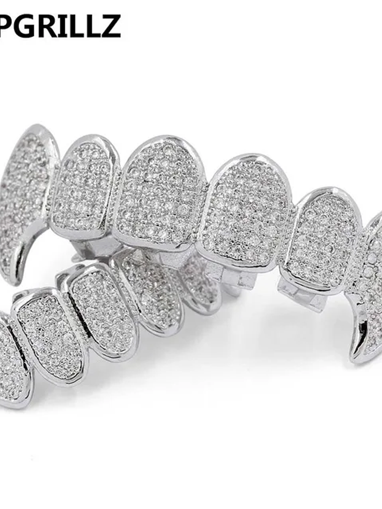 GRILLZ New Fit Silver Plated CZ Micro Pave Top & Bottom GRILL SET Rhodium Teeth Grills Vampire Tooth Grillz 7