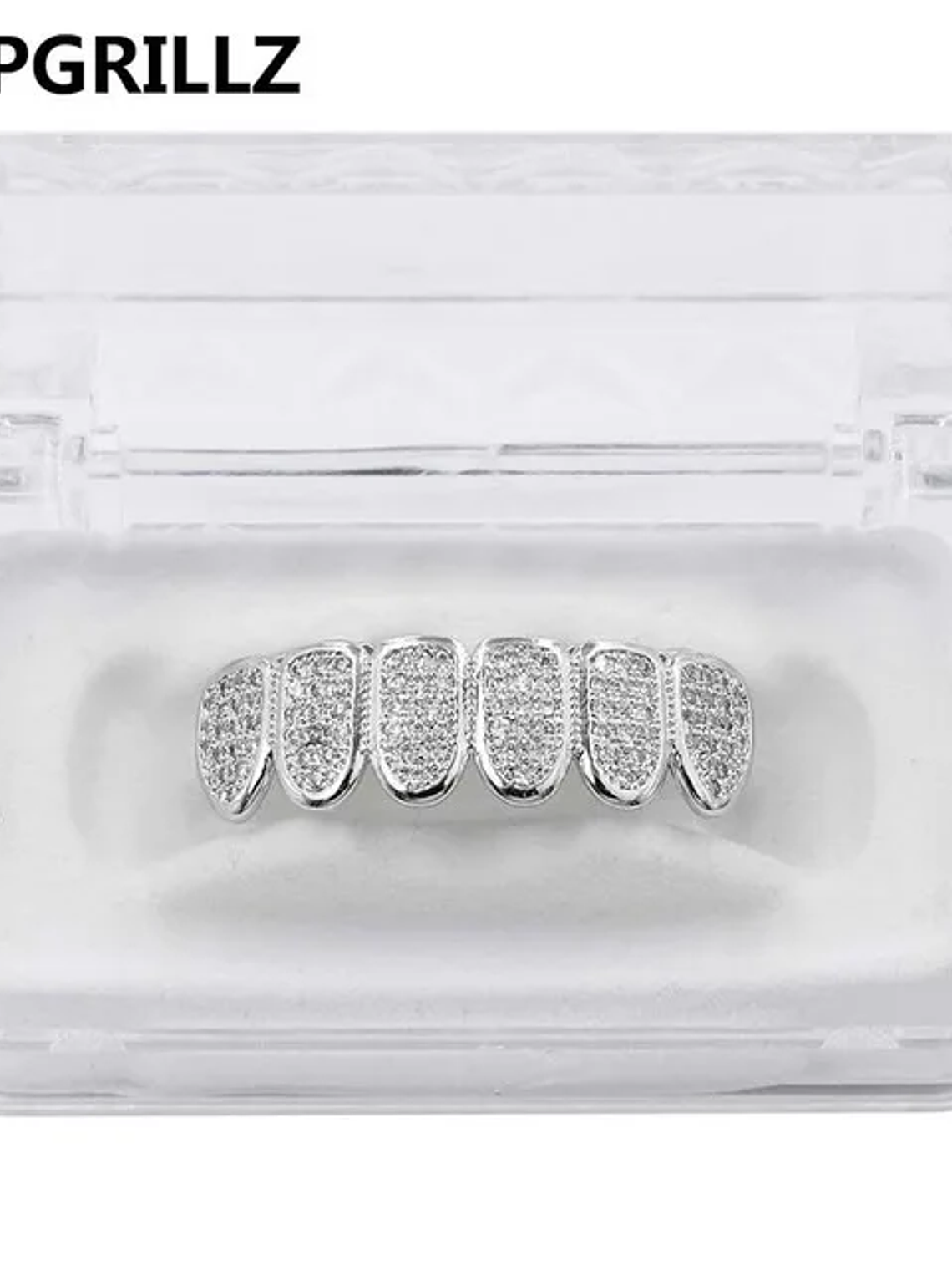 GRILLZ New Fit Silver Plated CZ Micro Pave Top & Bottom GRILL SET Rhodium Teeth Grills Vampire Tooth Grillz 8