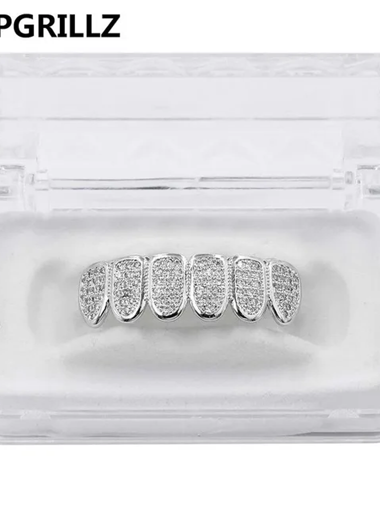 GRILLZ New Fit Silver Plated CZ Micro Pave Top & Bottom GRILL SET Rhodium Teeth Grills Vampire Tooth Grillz 8