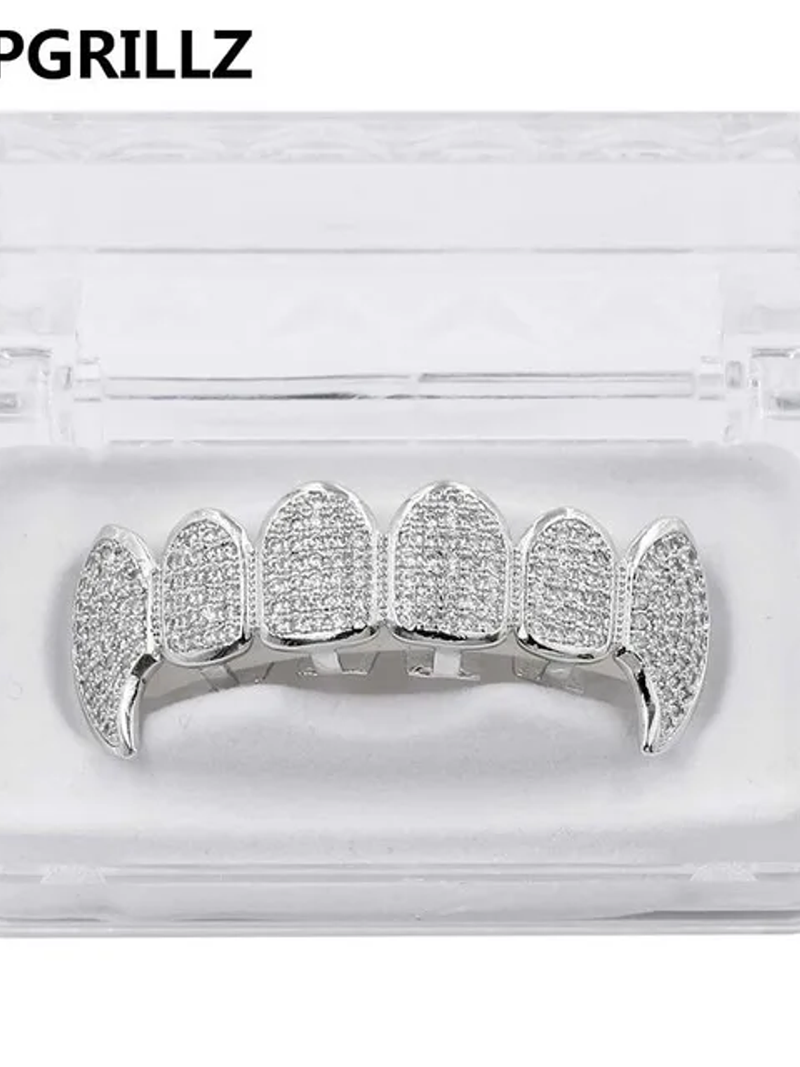 GRILLZ New Fit Silver Plated CZ Micro Pave Top & Bottom GRILL SET Rhodium Teeth Grills Vampire Tooth Grillz 9