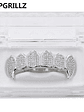 GRILLZ New Fit Silver Plated CZ Micro Pave Top & Bottom GRILL SET Rhodium Teeth Grills Vampire Tooth Grillz - thumbnail 9