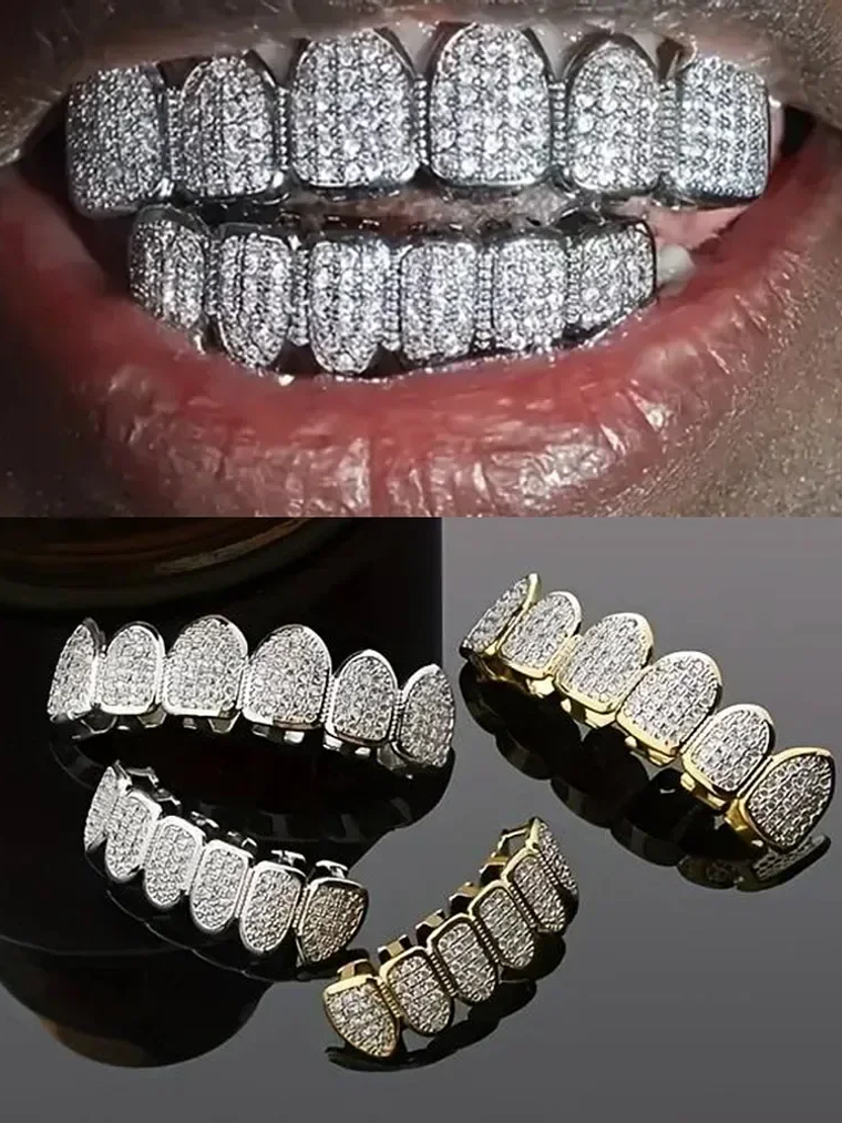 Teeth Grillz Set for Unisex Top Bottom Mouth Silver Color Teeth Grills Tooth Cap Removable Dental Fashion Body Jewelry 2