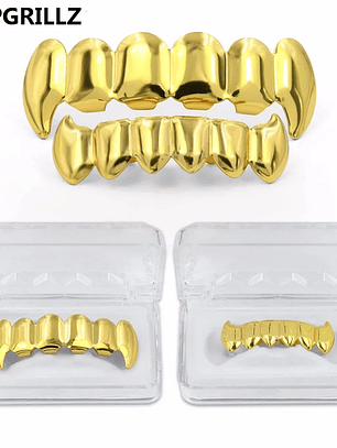 TOPGRILLZ Gold Silver Plated HIP HOP Teeth Grillz Top & Bottom Grills Set With silicone Real Shiny Vampire Tooth Sets