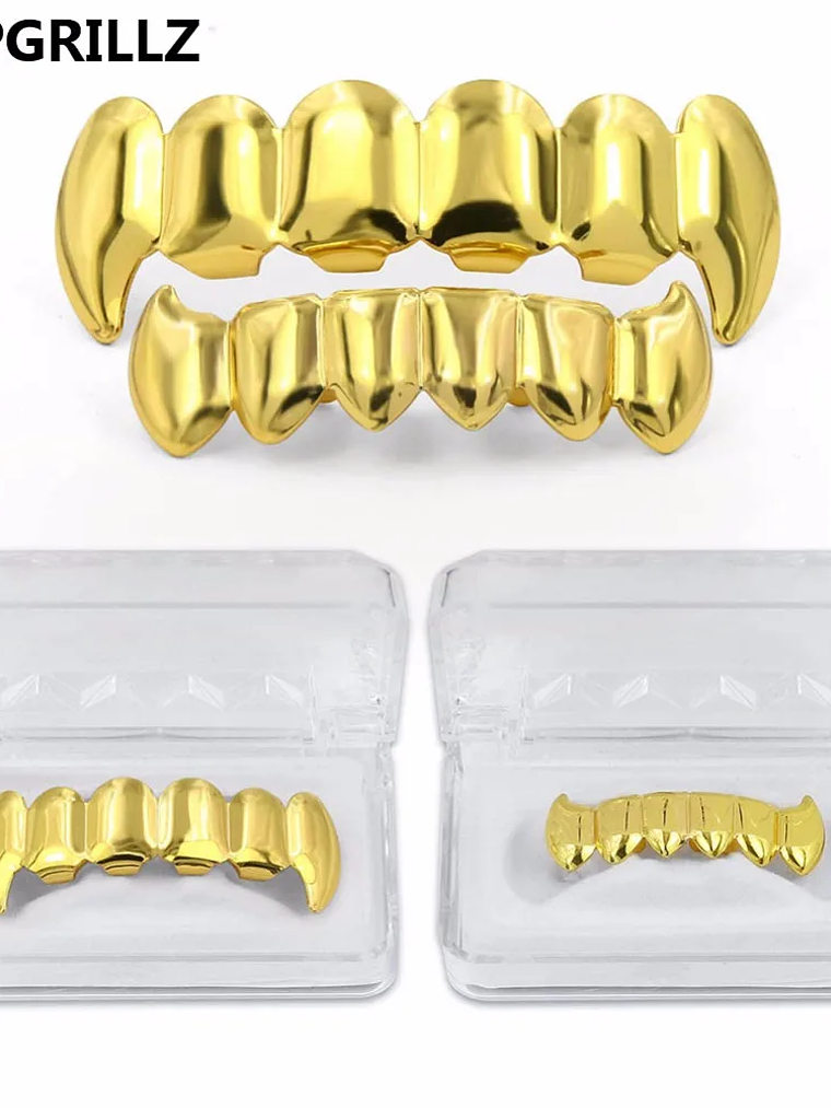 TOPGRILLZ Gold Silver Plated HIP HOP Teeth Grillz Top & Bottom Grills Set With silicone Real Shiny Vampire Tooth Sets 1