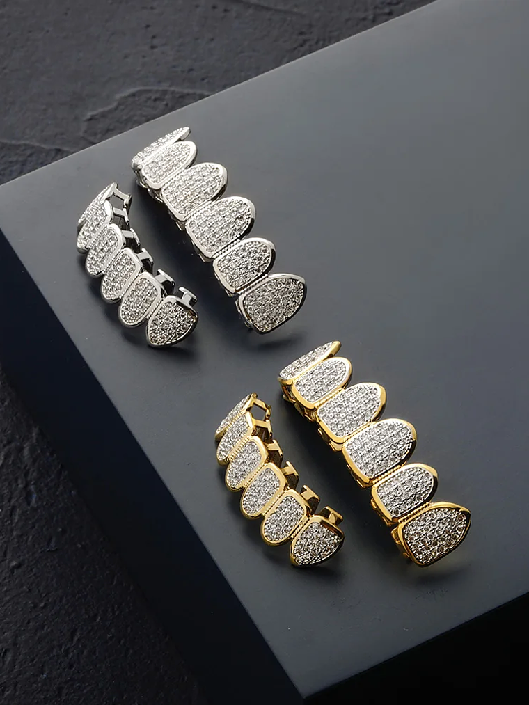 GRILLZ Hip Hop Gold Color Plated Teeth Grillz Caps CZ Micro Pave Exclusive Luxury Top&Bottom Gold Grillz Set Ship From US 3