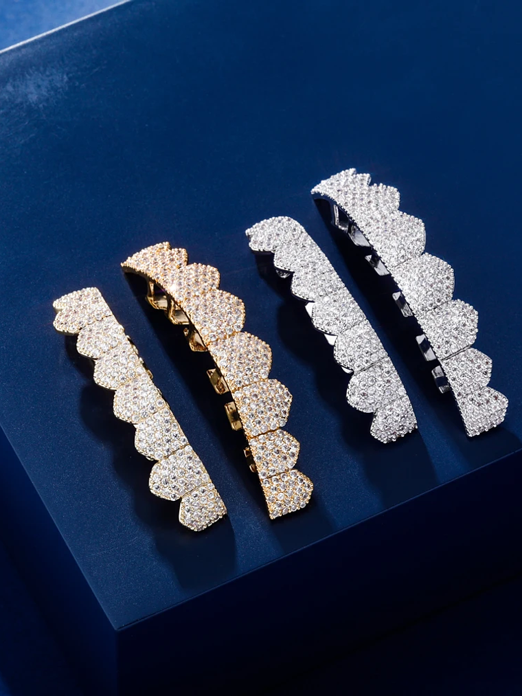 GRILLZ Fit Gold Silver Color Iced Out Hip Hop Teeth Grillz Micro Pave Cubic Zircon Top & Bottom Teeth Grills Set 2