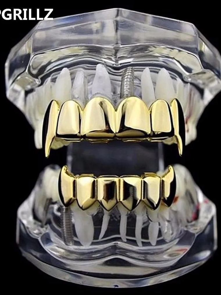 TOPGRILLZ Gold Silver Plated HIP HOP Teeth Grillz Top & Bottom Grills Set With silicone Real Shiny Vampire Tooth Sets 2