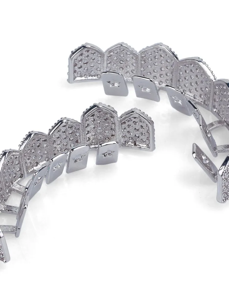 GRILLZ Fit Gold Silver Color Iced Out Hip Hop Teeth Grillz Micro Pave Cubic Zircon Top & Bottom Teeth Grills Set 4