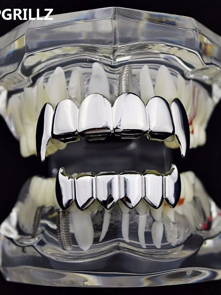 TOPGRILLZ Gold Silver Plated HIP HOP Teeth Grillz Top & Bottom Grills Set With silicone Real Shiny Vampire Tooth Sets 4