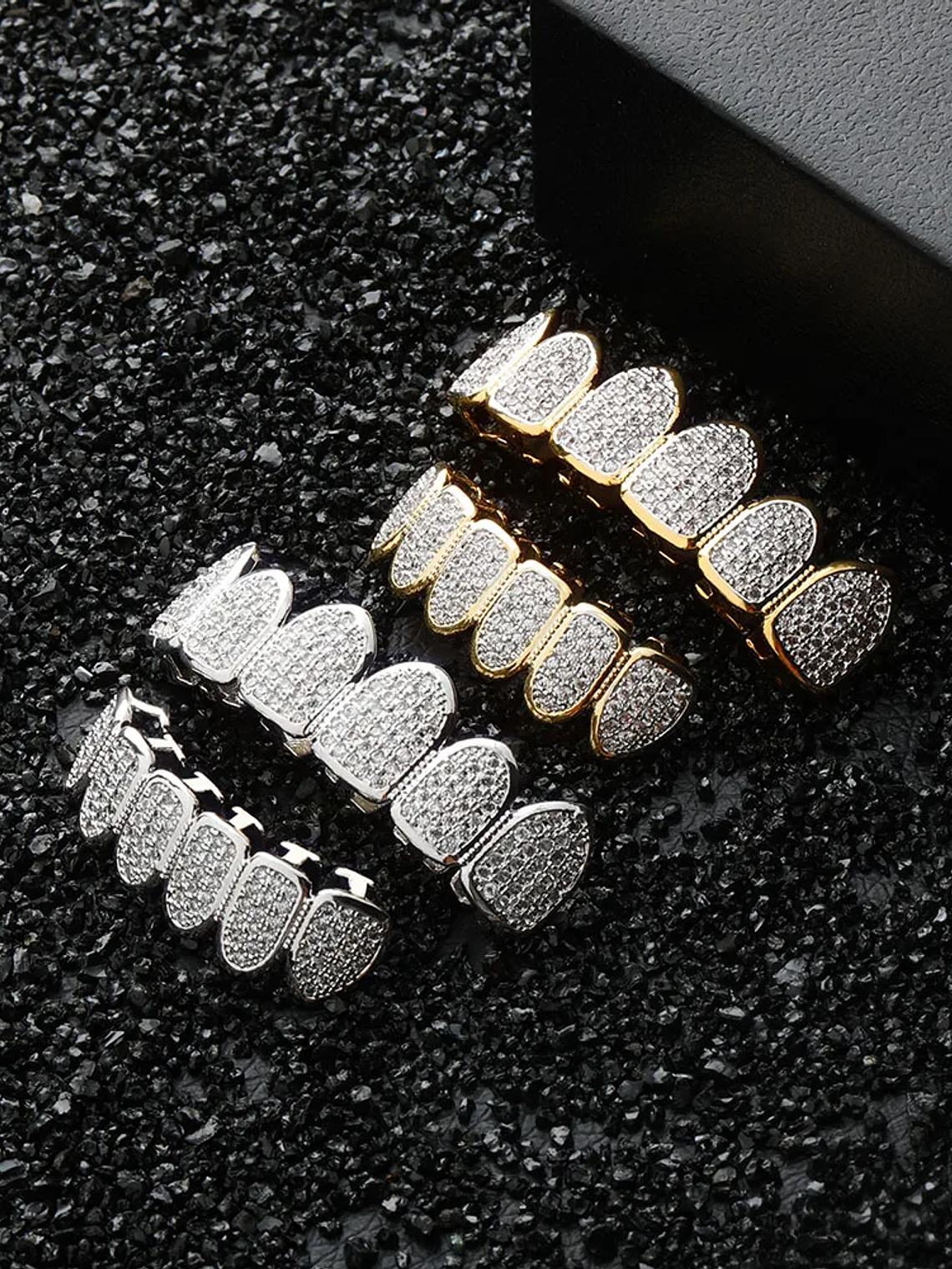 TOPGRILLZ Hip Hop Gold Color Plated Teeth Grillz Caps CZ Micro Pave Exclusive Luxury Top&Bottom Gold Grillz Set Ship From US 2