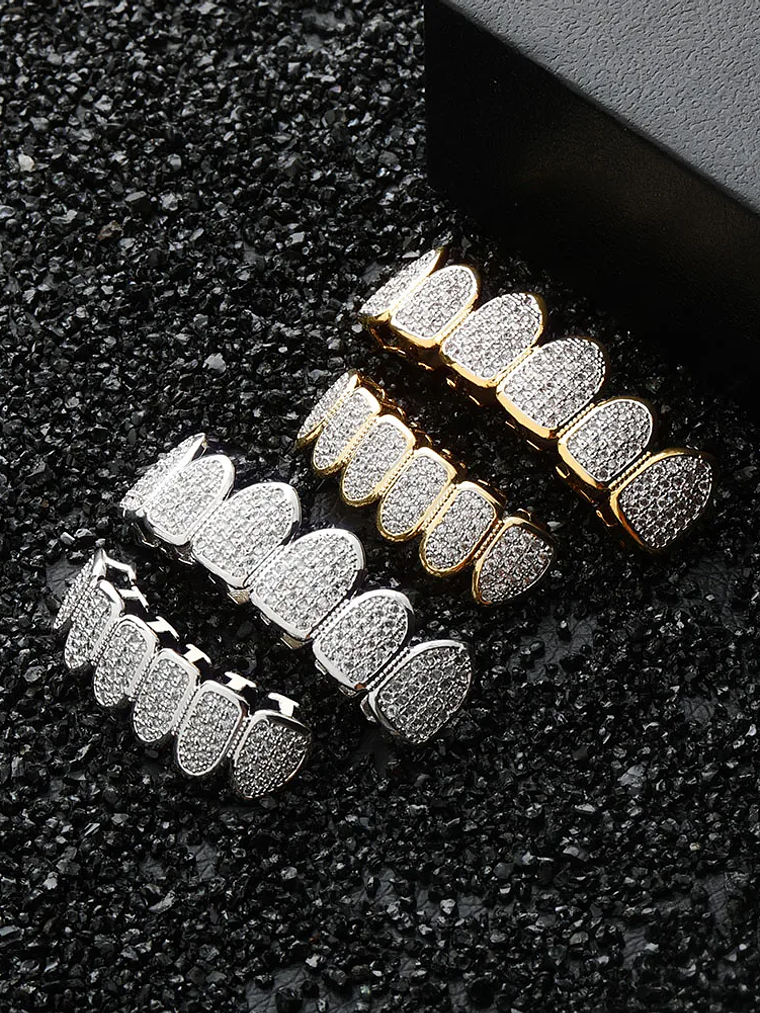 TOPGRILLZ Hip Hop Gold Color Plated Teeth Grillz Caps CZ Micro Pave Exclusive Luxury Top&Bottom Gold Grillz Set Ship From US 2