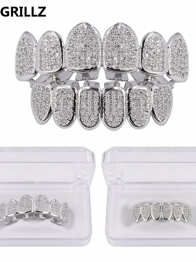 TOPGRILLZ Hip Hop Gold Color Plated Teeth Grillz Caps CZ Micro Pave Exclusive Luxury Top&Bottom Gold Grillz Set Ship From US 4