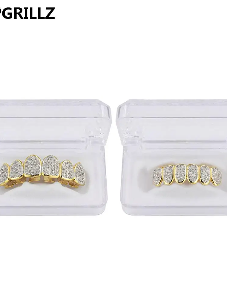 TOPGRILLZ Hip Hop Gold Color Plated Teeth Grillz Caps CZ Micro Pave Exclusive Luxury Top&Bottom Gold Grillz Set Ship From US 11